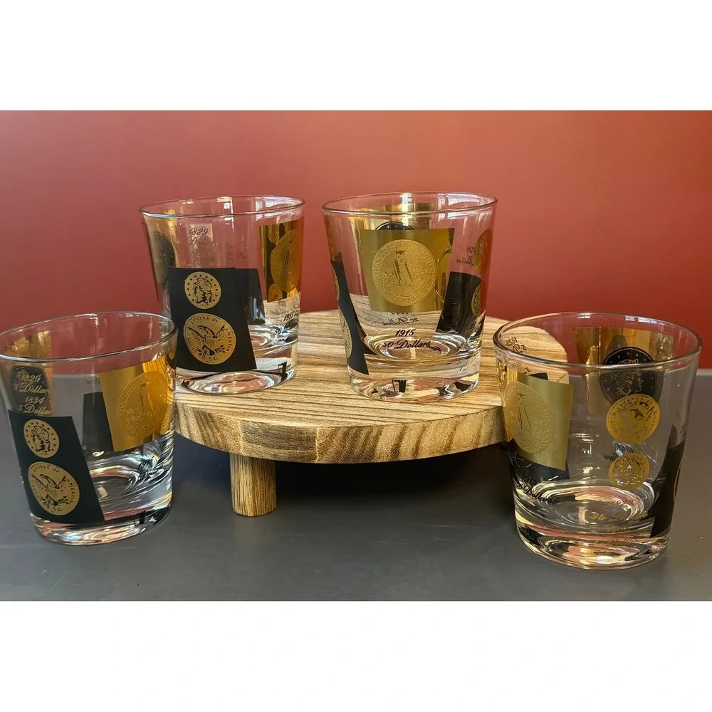 Cera Ambassador Gold Coin Ice Bucket and 4 Rocks Glasses MCM Barware Set